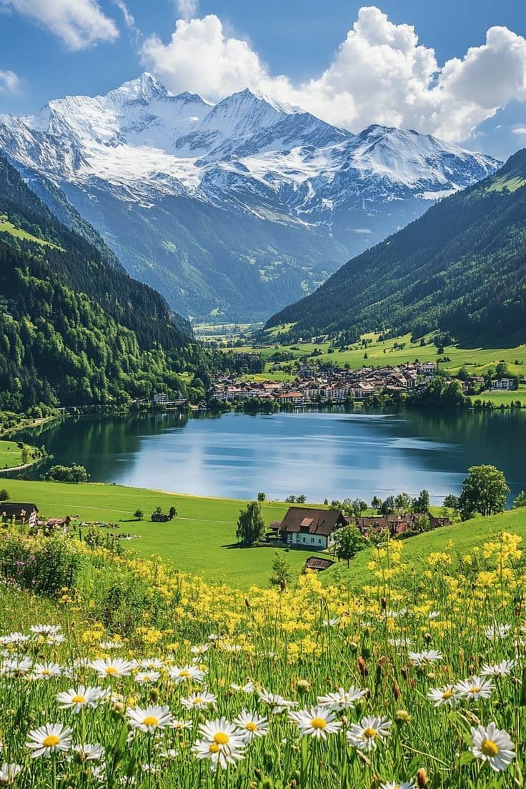 Mountain village surrounding a blue alpine lake in spring.