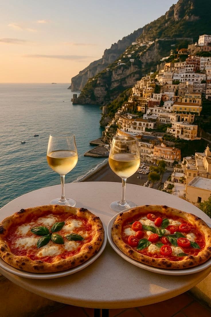 Pizza and wine on a balcony overlooking a coastal town at sunset.