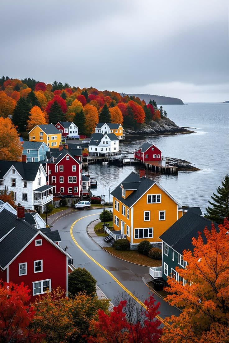 Colorful houses along an autumn harbor shoreline.