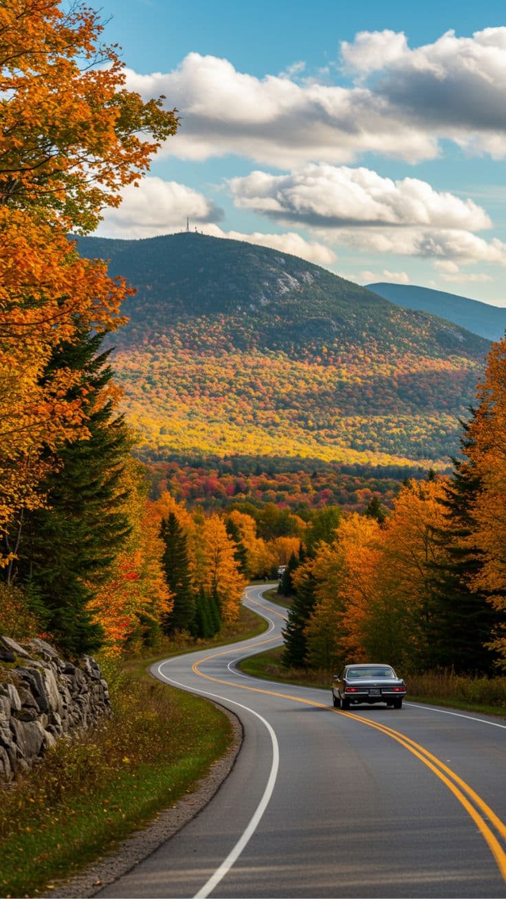 Winding road through autumn mountains with colorful foliage.