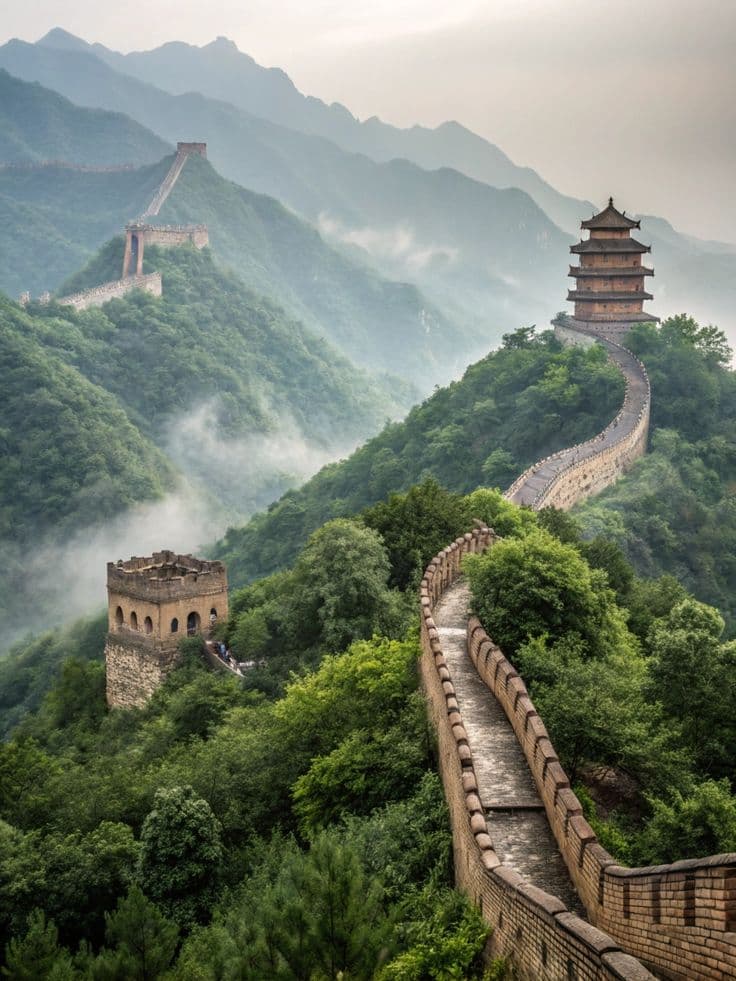 The Great Wall of China winding through green mountains and mist.