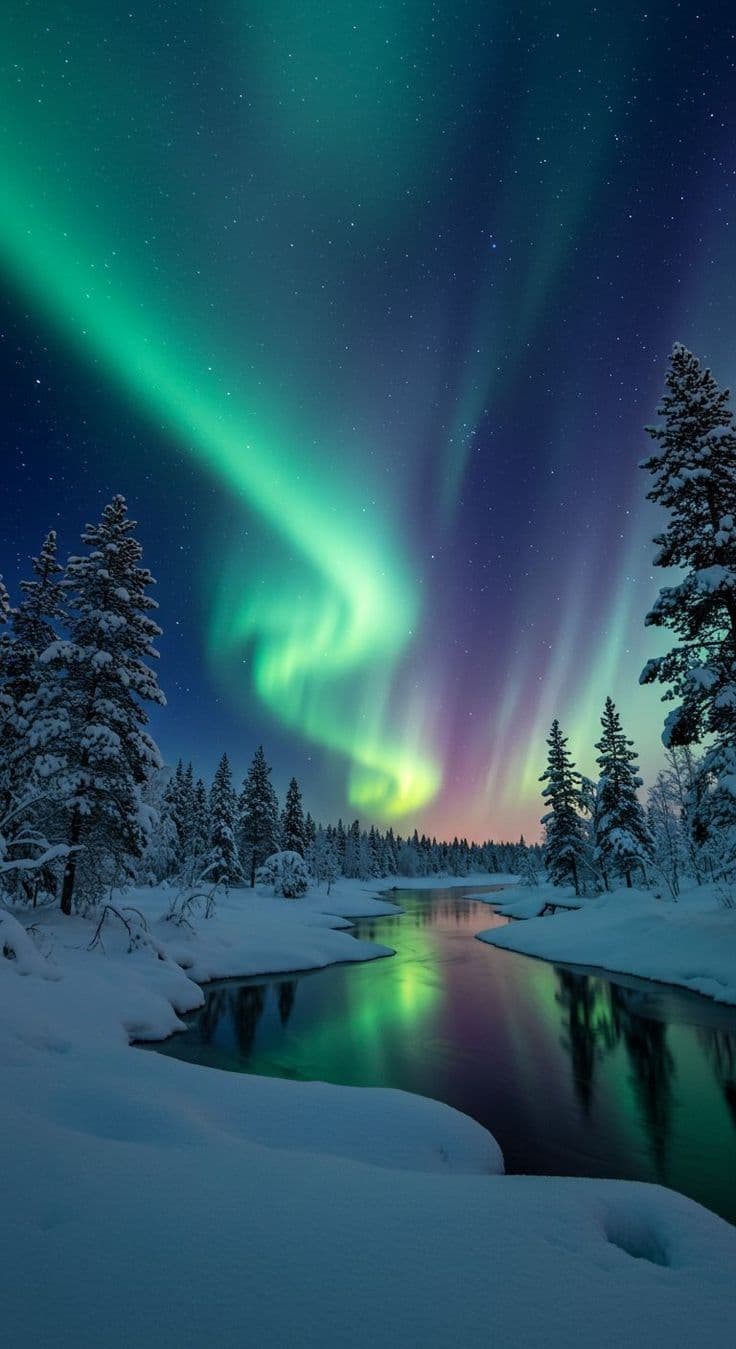Northern lights over a snowy forest river at night.