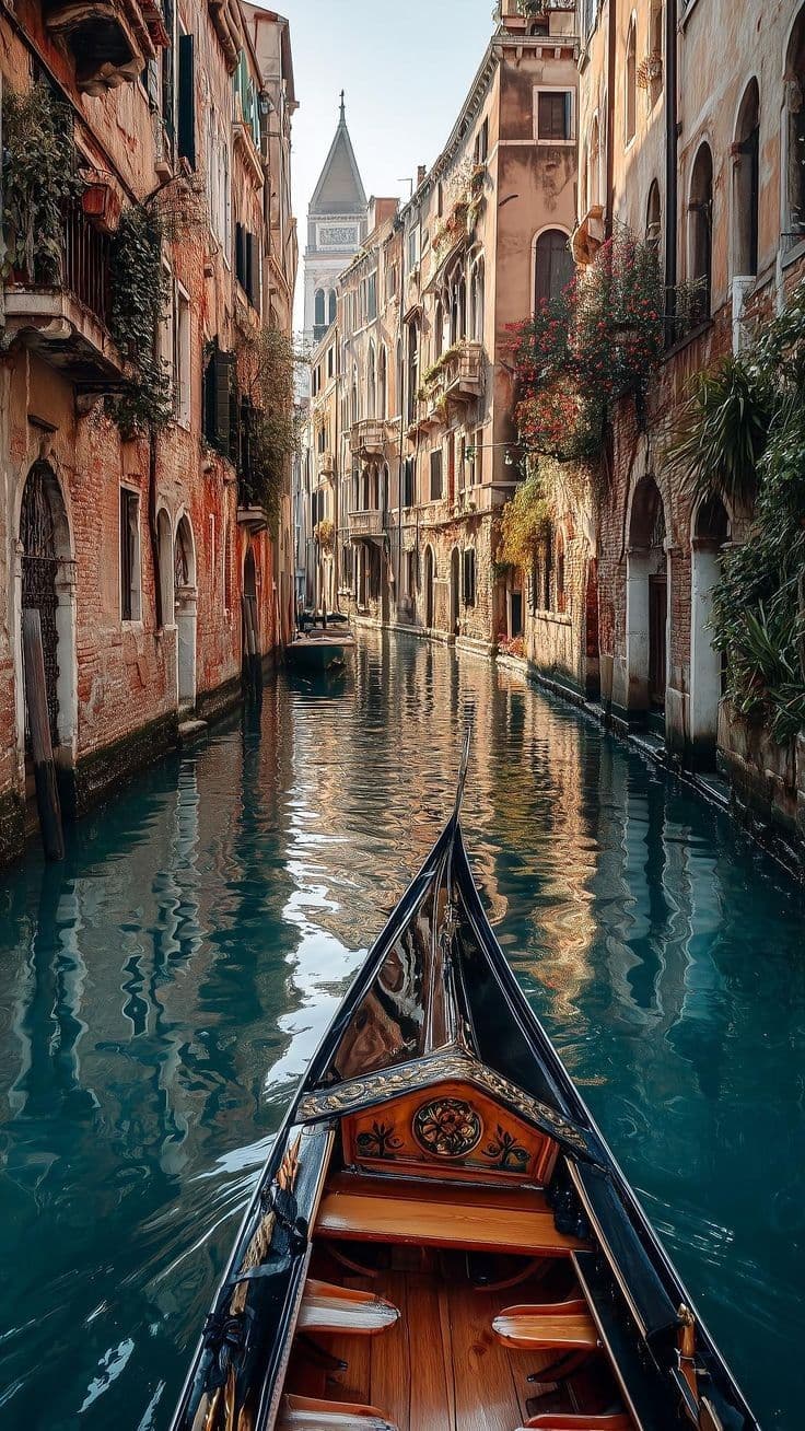 Gondola on a narrow canal between historic buildings.